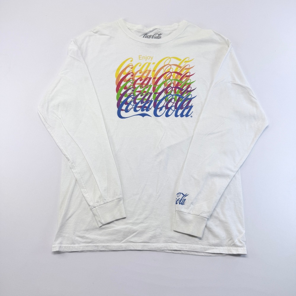 Coca-Cola Mens Rainbow Stacked Logo Long Sleeve White Graphic T-Shirt L